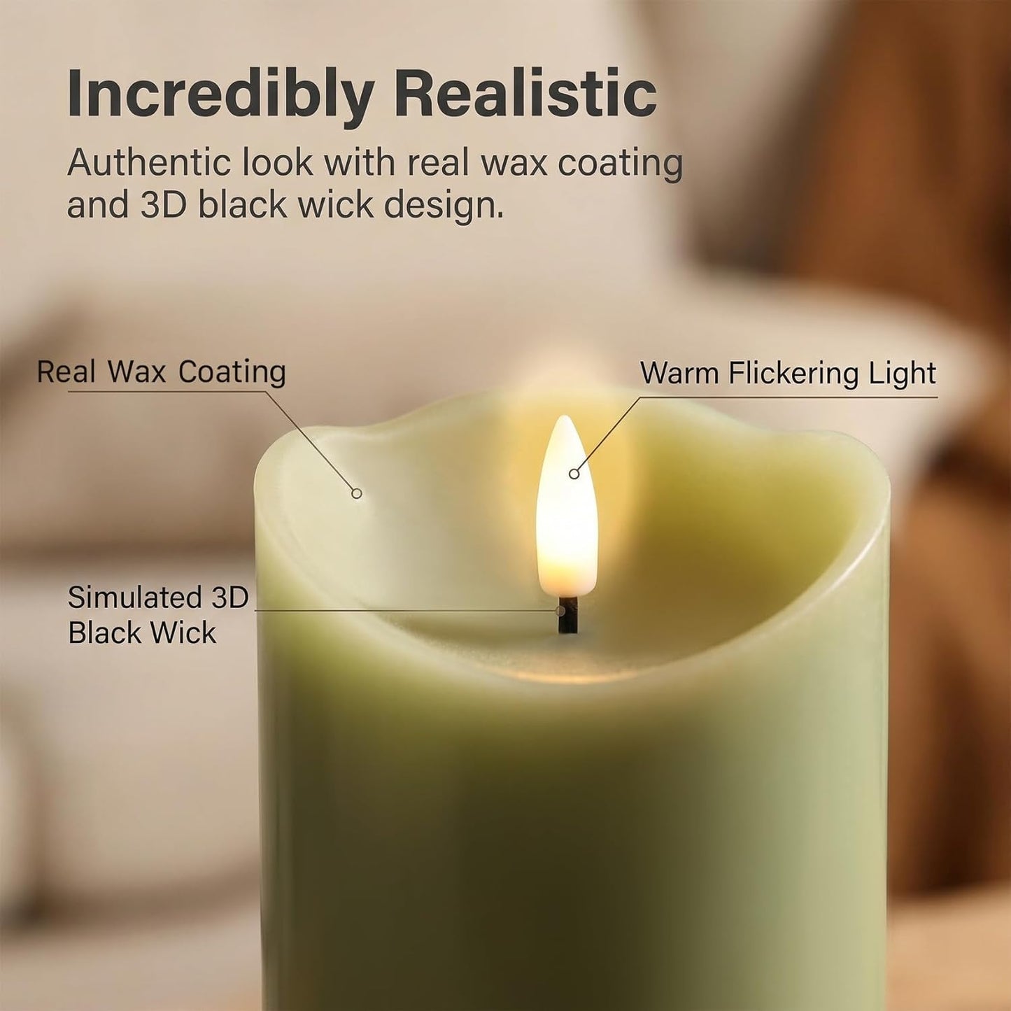 Eywamage Ivory Flameless Pillar Candles with Remote, Flickering Realistic LED Battery Wax Candles Set of 3, Φ 3" H 4" 5" 6"