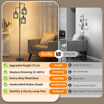 Hotsonic 72" Tall Boho Rattan Style Floor Lamp with Hand-Woven Paper Cord Shade, Dimmable Industrial Tree Standing Lamp for Living Room, Bedroom, Study Room, Office (3 x 800LM Bulbs Included) - Black