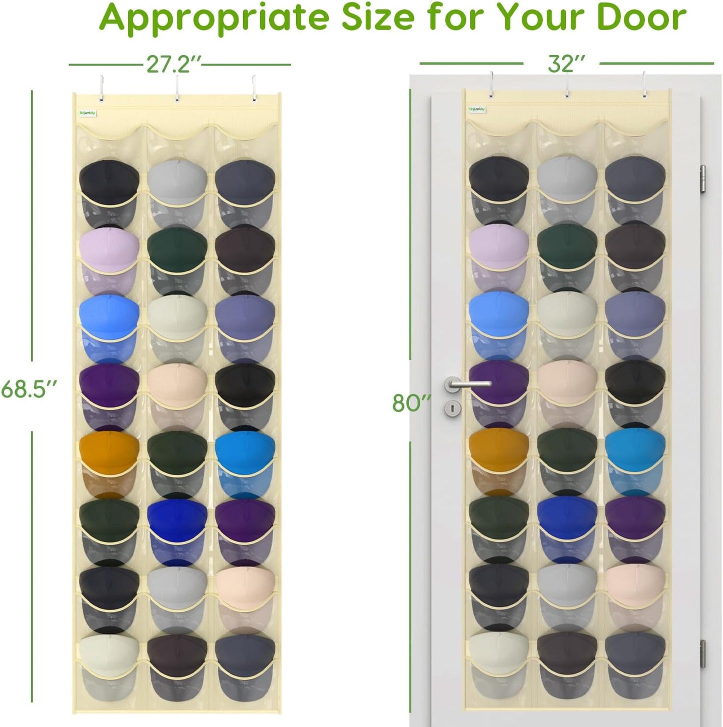 Baseball Hat Rack, 24 Pocket Over-The-Door Hat Organizer with Clear Deep Pockets to Display Baseball Caps Collection, Complete with 3 Over Door Hooks (Black, 24 Pockets)