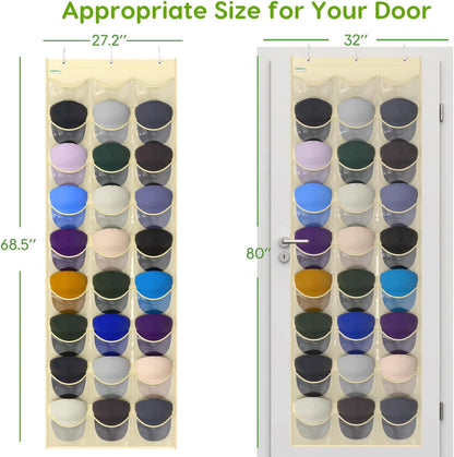 Baseball Hat Rack, 24 Pocket Over-The-Door Hat Organizer with Clear Deep Pockets to Display Baseball Caps Collection, Complete with 3 Over Door Hooks (Black, 24 Pockets)