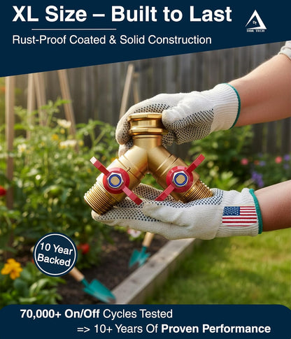DBR Tech® Garden Hose Splitter 2 Way | Full Flow & Heavy Duty Leak-Proof Brass Water Divider with Dual Shut-Off Valves, Y (Wye) Connector for Outdoor Faucets, Spigots, Lawn & RV | Industrial-Grade