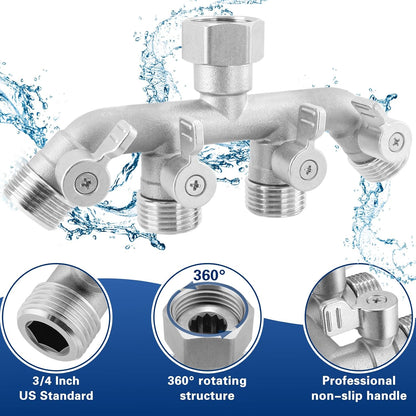 4 Way Garden Hose Splitter, 304 Stainless Steel Outdoor Faucet Splitter with 4 Individual Shut Off Valves, 3/4" GHT High Flow Hose Bib Spigot Connector