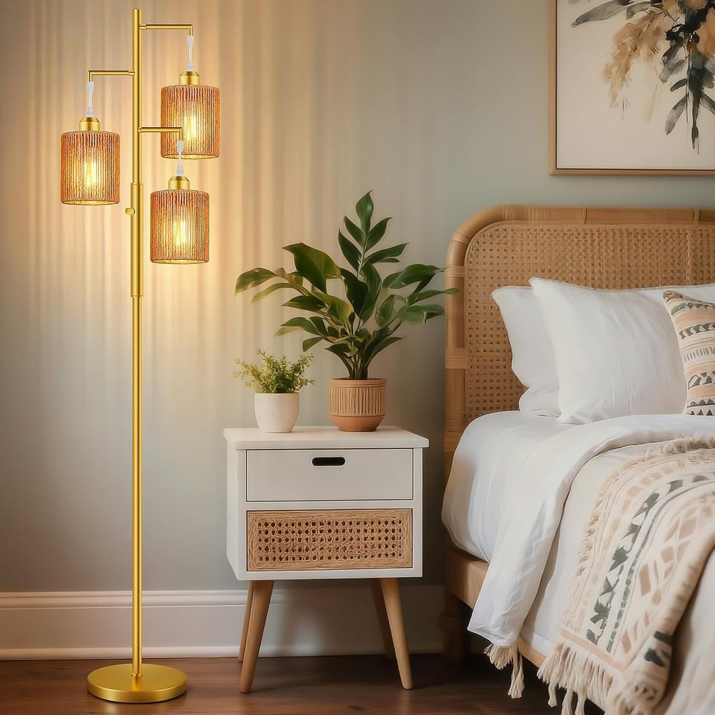 Hotsonic 72" Tall Boho Rattan Style Floor Lamp with Hand-Woven Paper Cord Shade, Dimmable Industrial Tree Standing Lamp for Living Room, Bedroom, Study Room, Office (3 x 800LM Bulbs Included) - Black