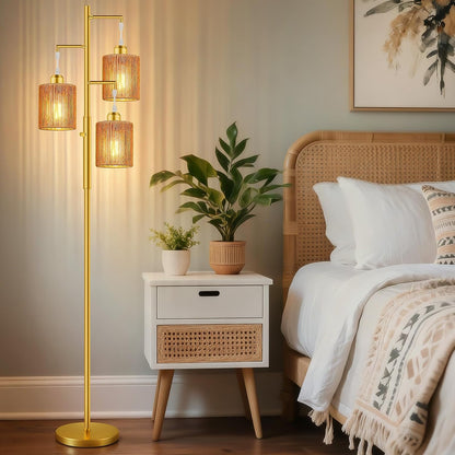 Hotsonic 72" Tall Boho Rattan Style Floor Lamp with Hand-Woven Paper Cord Shade, Dimmable Industrial Tree Standing Lamp for Living Room, Bedroom, Study Room, Office (3 x 800LM Bulbs Included) - Black