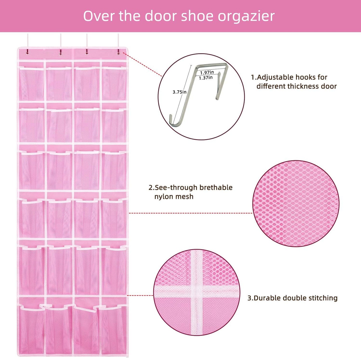 SAVERHO Over the Door Shoe Organizer, Hanging Shoe Organizer with 24 Mesh Large Pockets Door Shoe Rack Organizer for Men Women Kids Hanging Shoe Storage Bag.(White