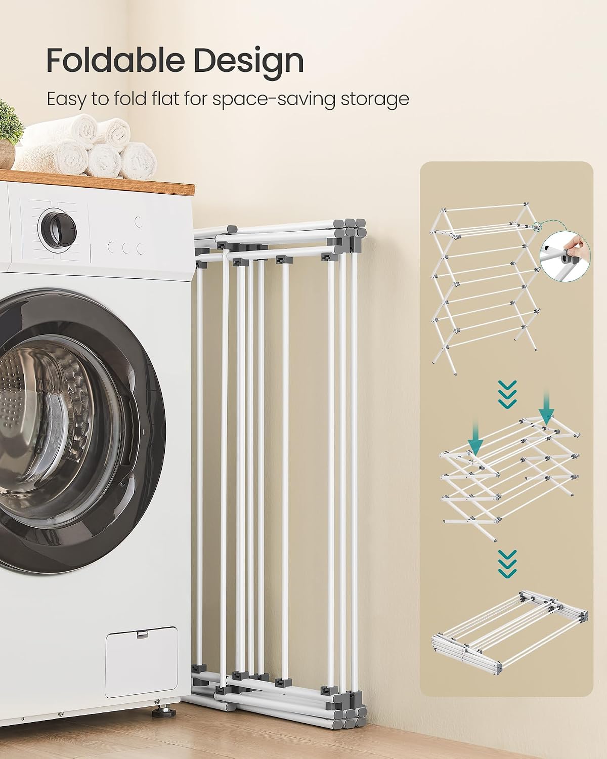 SONGMICS Foldable Clothes Drying Rack, Laundry Drying Rack, Clothes Airer, Steel Frame, 14.6 x 29.5 x 53.2 Inches, Easy Assembly, Indoor Outdoor Use, White ULLR770W01