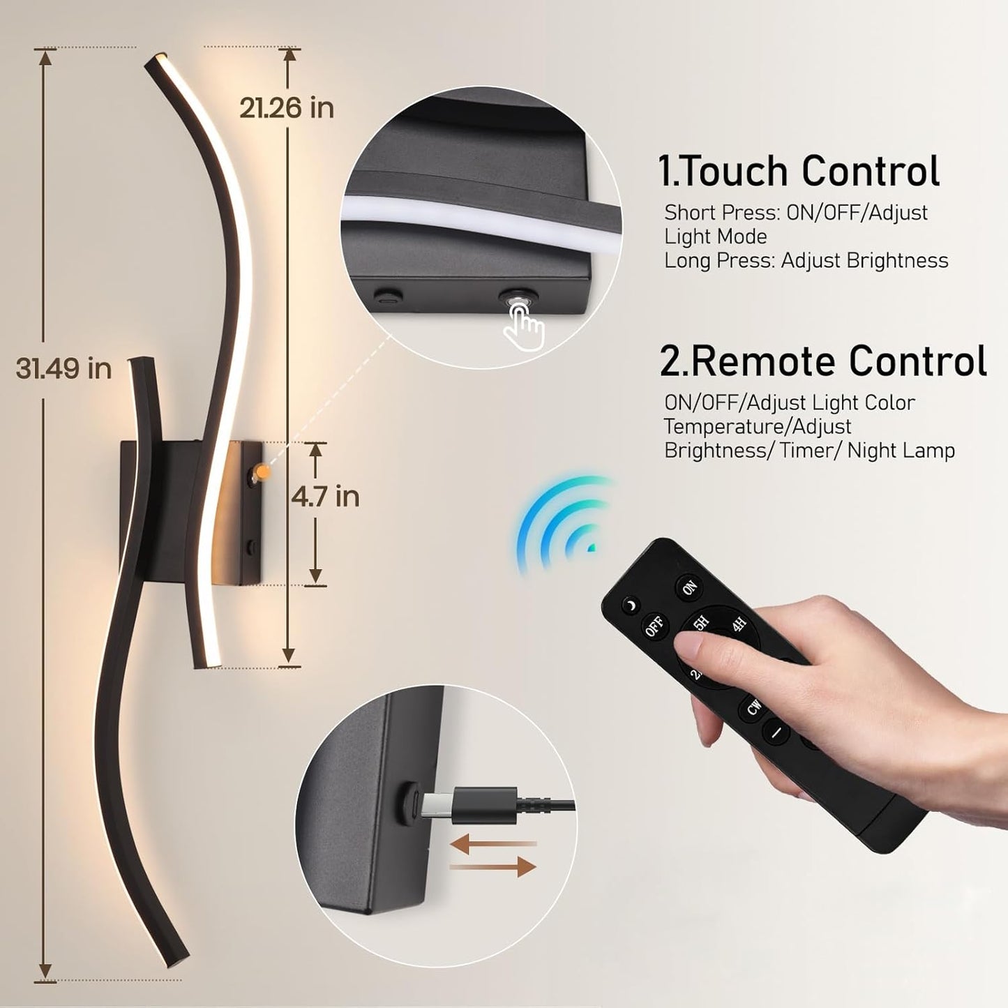 CANEOE Battery Operated Wall Sconce Set of 2, 18000mAh Gold Rechargeable Wall Lights with Remote Control,3000K-6000K Dimmable LED Wireless Wall Light for Living Room Bedroom Hallway,39.3 Inch (Gold)