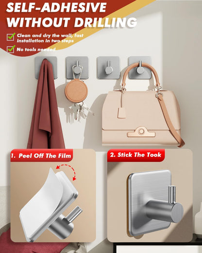 Adhesive Hooks Heavy Duty 30lb(Max) Wall Hooks, 4 Pack Damage Free Stainless Steel Hanger for Hanging Coat, Hat, Towel Robe, Waterproof Oilproof Rustproof Hook for Bathroom Shower Kitchen Office