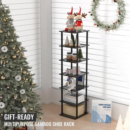 MHXW SXPN Bamboo Free Standing Shoe Rack Shelf Multi Tier Tall Wooden Stackable Shoes Rack Organizer for Closet Front Door Entrance Narrow Vertical Shoe Storage (Nature, 7 Tiers)
