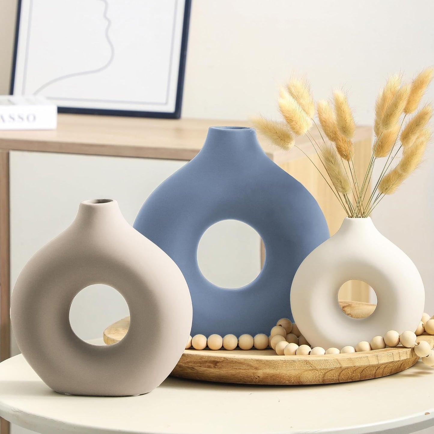 Vanselia Ceramic Vase Home Table Decor - Flower Vases Set of 3 Small Living Room Centerpiece Decorations for Shelf Bedroom Office Kitchen Dining Desk Modern Aesthetic Farmhouse Decorative (Classic)