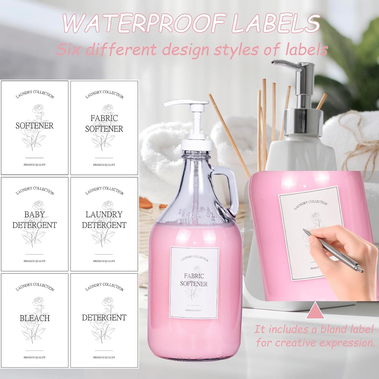 Glass Laundry Detergent Dispenser,1 Gallon Large Liquid Soap 2 Pack(Gold) | Complete borosilicate jars set with leakproof spigots, protective silicone mats, minimalist labels, and dosing cups