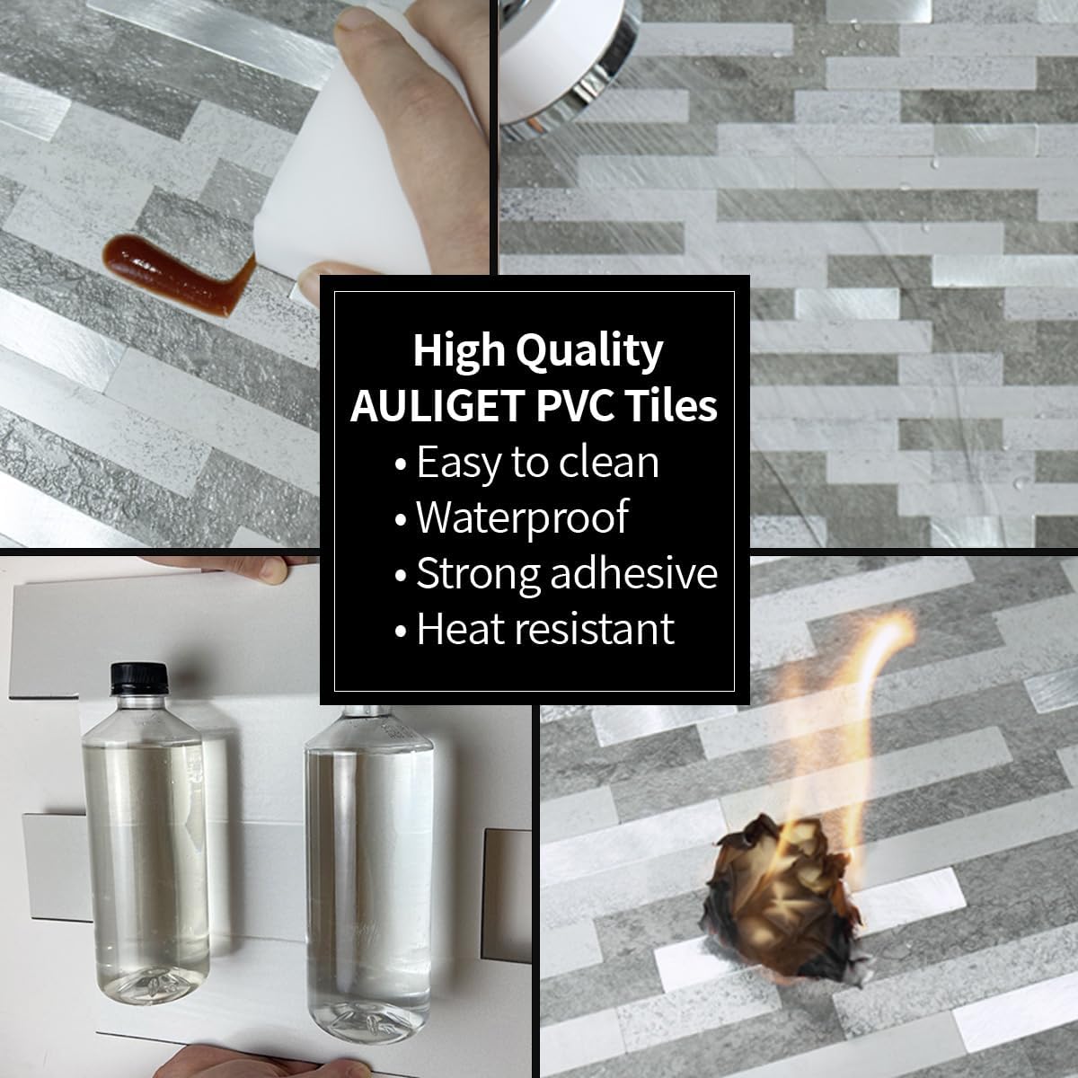 AULIGET 20 Sheets Peel and Stick Backsplash, Black & Grey Wood Look PVC Mixed Metal Stick on Backsplash Tiles for Kitchen