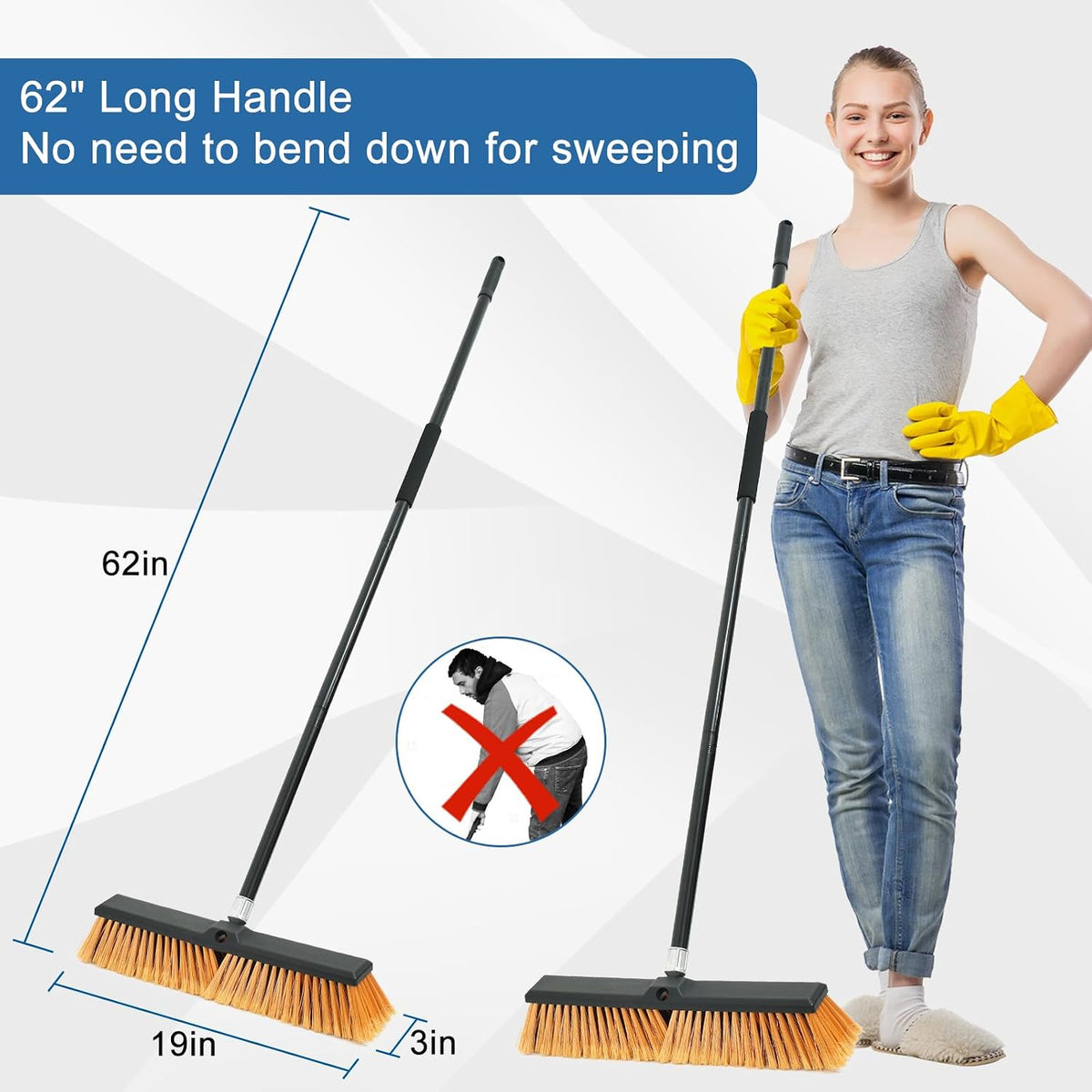 PBHEPJ 18 Inchs Push Broom Outdoor Heavy Duty, Shop Broom with 60" Long Handle for Cleaning Outdoor or Indoor Tile, Garage, Shop, Deck, Concrete, Wood, Stone, Patio Floor