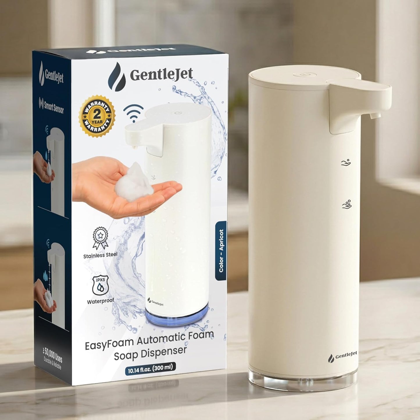 GentleJet EasyFoam Automatic Foaming Soap Dispenser Touchless Sensor, USB-C Rechargeable, 304 Stainless Steel, IPX5 Waterproof for Bathroom Kitchen Sink, 280 ml