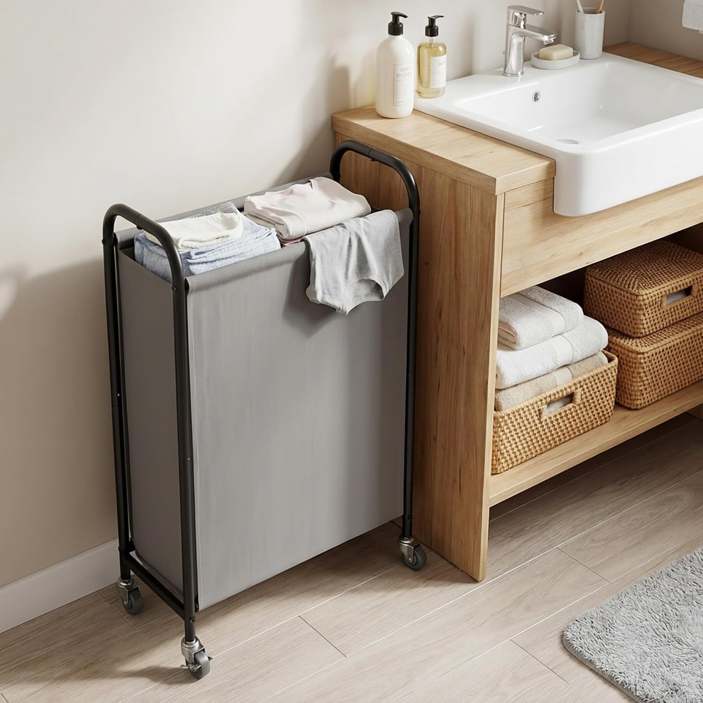GRANNY SAYS 2 Section 130L Laundry Sorter, Large Laundry Hamper Basket with Wheels and Handles, Durable and Sturdy Rolling Cart for Laundry Room, Hotel, Bedroom, Beige