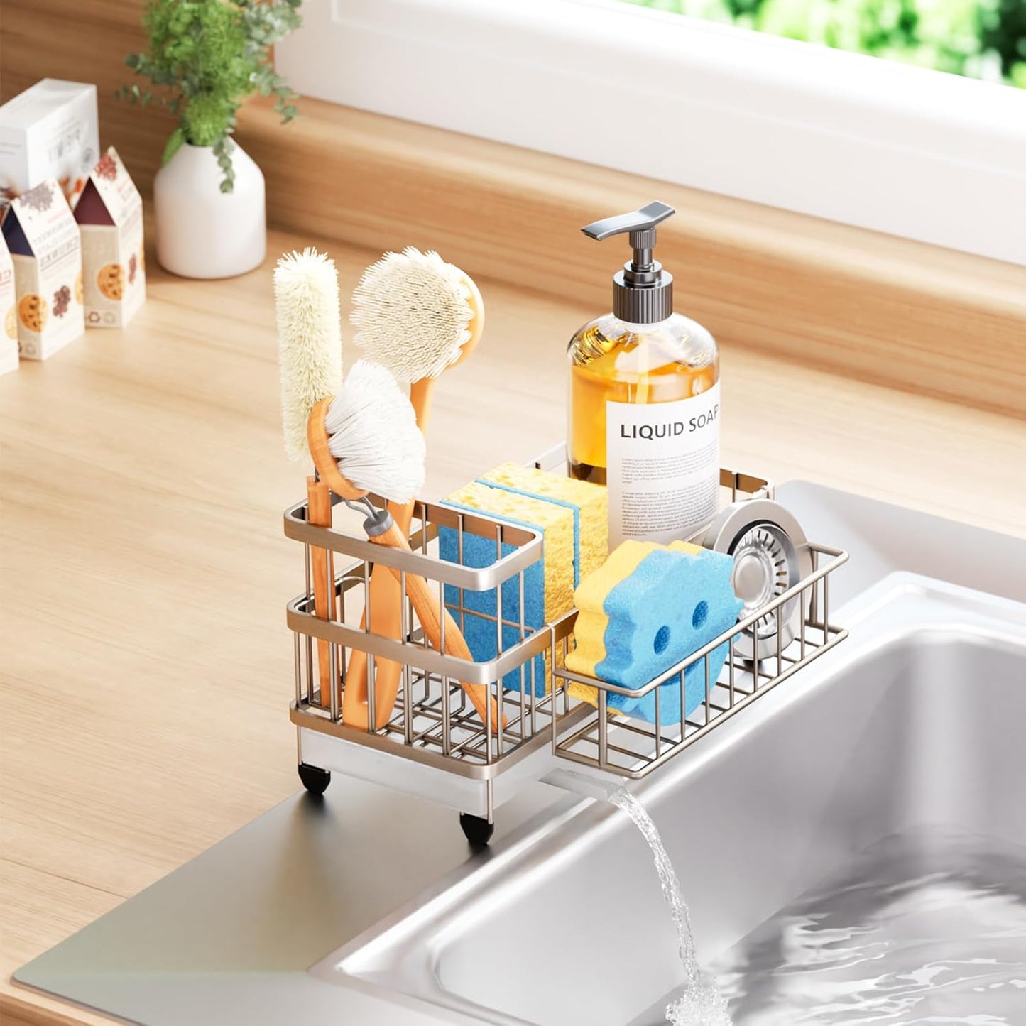 Consumest Sponge Holder for Kitchen Sink - Auto Draining Sink Caddy Organizer with Detachable Rack, High Brush Holder, Kitchen Countertop Storage Accessories, Black