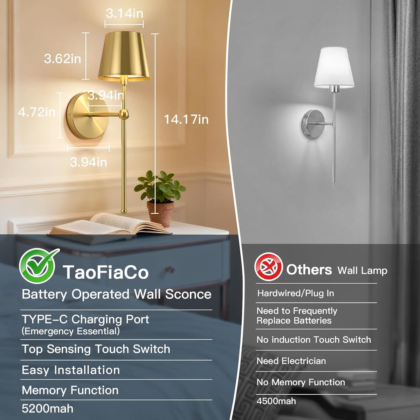 TaoFiaCo Battery Operated Wall Sconces Set of 2, Wireless Wall Sconce with Remote Dimmable Timer, Rechargeable 5200mAh, Cordless Wall Light for Bedroom Living Room, Hallway, Light Decor