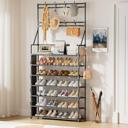 OYREL Shoe Rack, 5 Tier Shoes Storage Organizer, with Functional Hooks and Side Pocket, 20-25 Pairs, for Closet/Entrance/Entryway, Sneaker and Boot Stackable Free Standing Shoe Rack