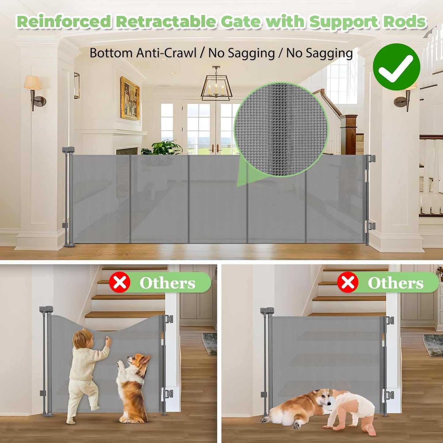 Reinforced 60" Wide Retractable Baby Gates with Upgraded Rods - Bottom Anti-Escape, 5 ft Mesh Baby Gate Retractable Dog Gate Indoor Pet Gate Retractable Stair Gate Outdoor Retractable Gate, Black