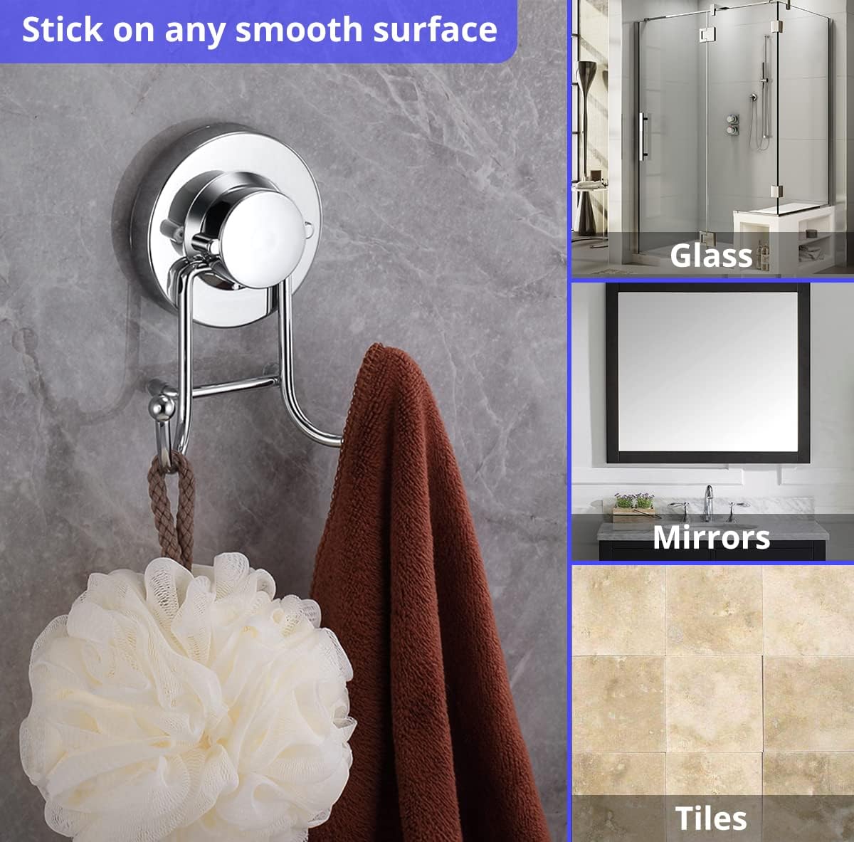 HOME SO Suction Cup Hooks for Shower & Bathroom Towel Holder 1-Pack – Suction Cups Hooks for Hanging Towels, Robes, & Coats - Tiles, Glass Door or Mirror – Shower and Towel Hooks - Chrome, Stainless