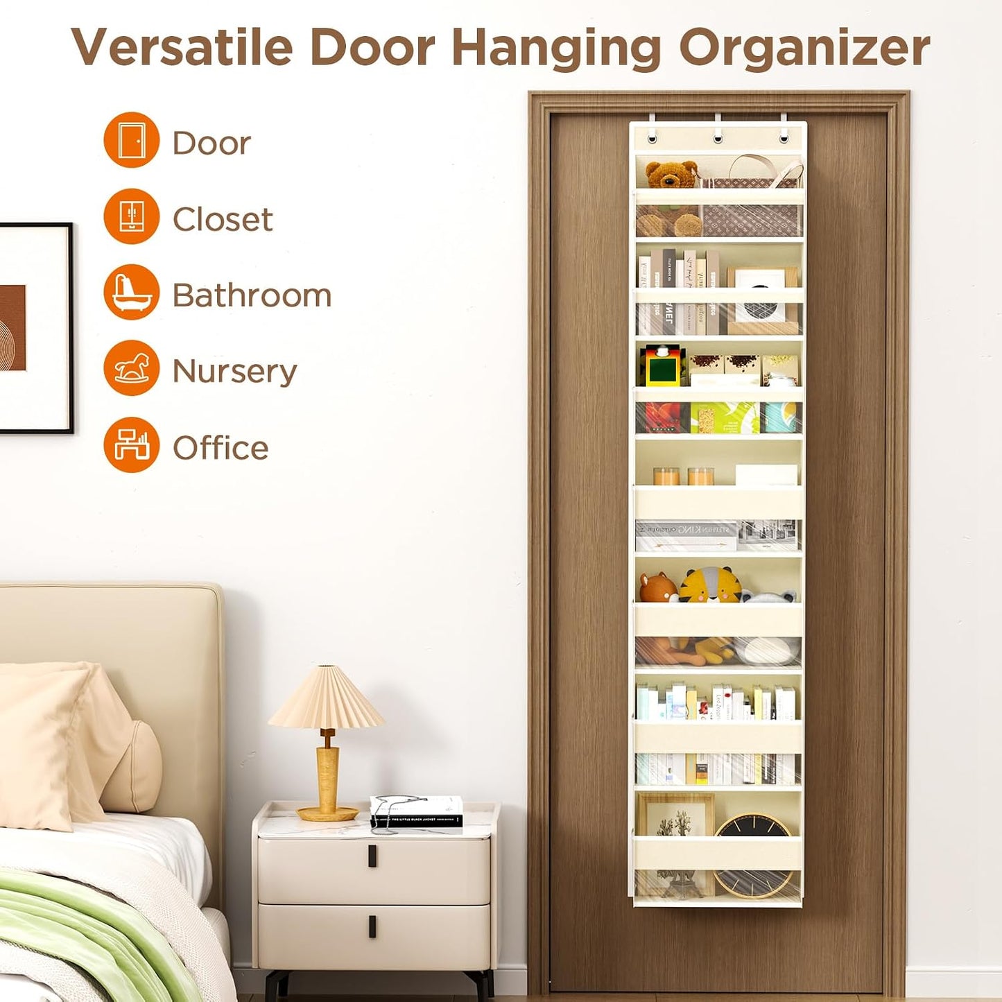 6 Tiers Over The Door Organizer, Heavy Duty Hanging Organizer Storage with Large Capacity Pockets, Behind Door Storage Hanging Shelves for Closet Wall Bathroom Bedroom Nursery Pantry, 1 Pack Grey