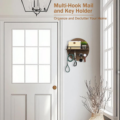 dreampossible Key Holder for Wall Decorative with Shelf and Hooks, Mail Organizer Wall Mount, Circular Design Entryway Key Rack Hanger, Rustic Home Decor (Black)