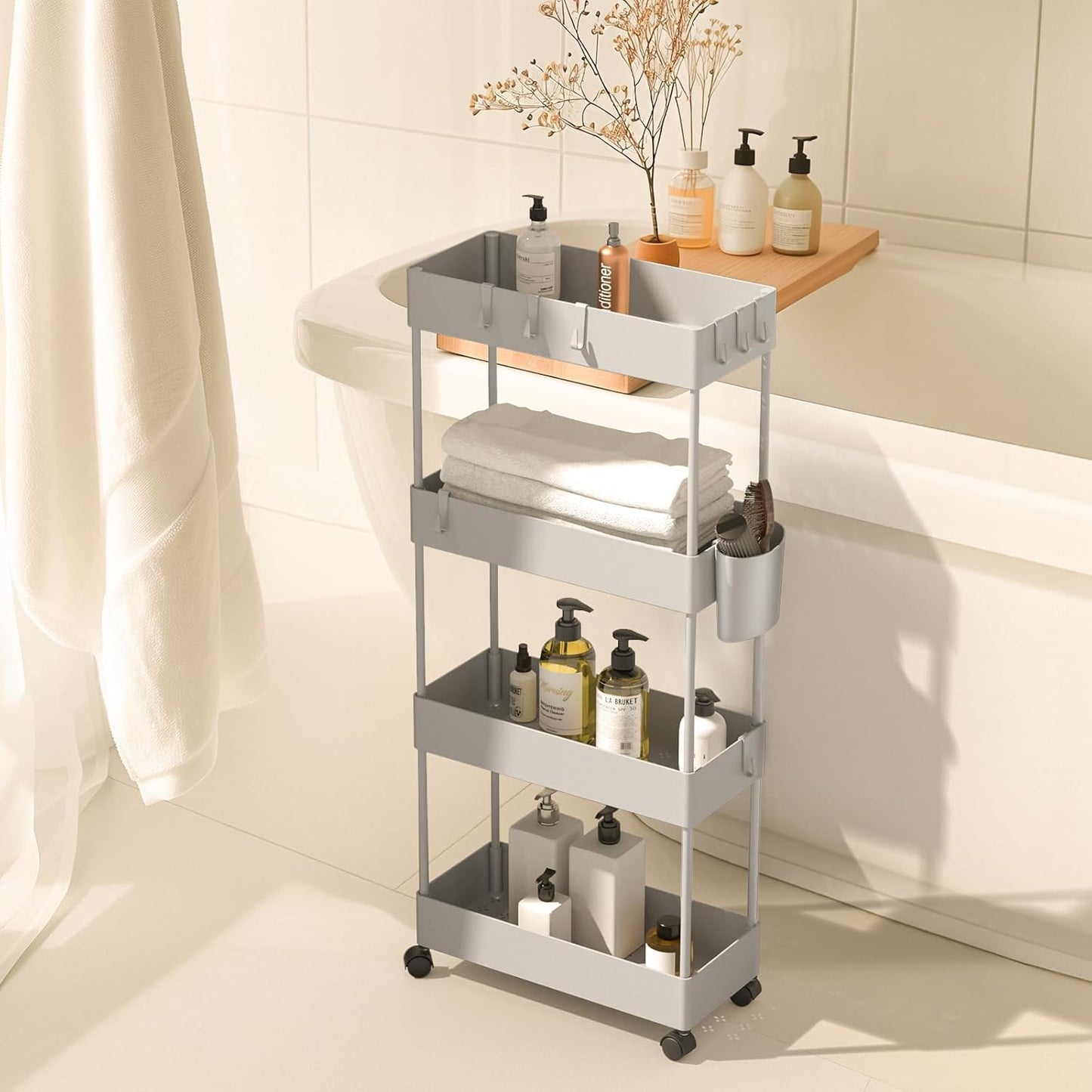 Pipishell Slim Storage Cart with Wheels - Bathroom Cart Organizer Storage, 4 Tier Rolling Carts for Bathroom, Laundry Room, Kitchen, Narrow Space, Black PIUC05