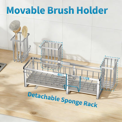 Aurblozen Extra Large Extendable Sponge Holder for Kitchen Sink, Rustproof Sink Caddy Organizer with High Brush Holder, Dish Soap Dispenser Organizers and Storage (Black)