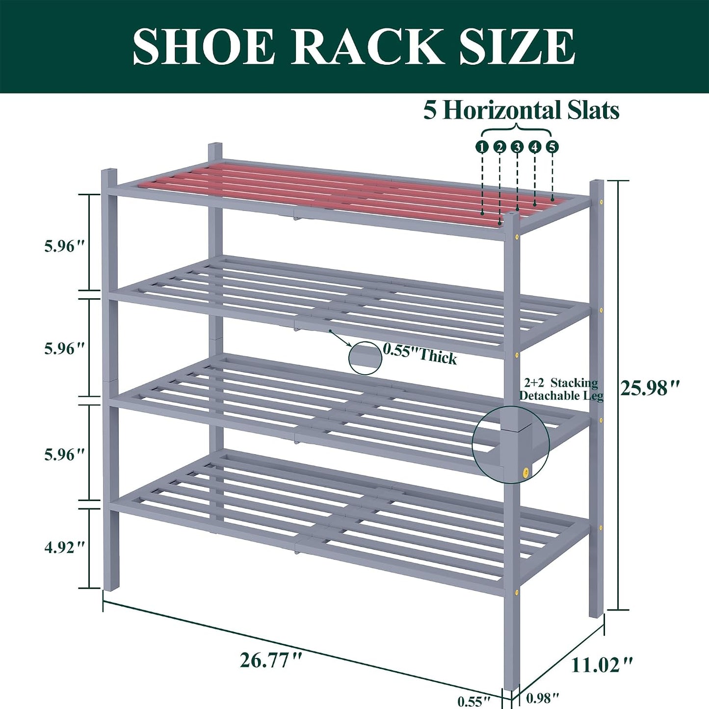 Smiry Bamboo Shoe Rack, 3 Tier Free Standing Wooden Shoe Organizer, Stackable Wood Shoe Storage Shelf for Closet, Entryway, 5 Horizontal Slats, 26.8"x11"x18.3", Natural