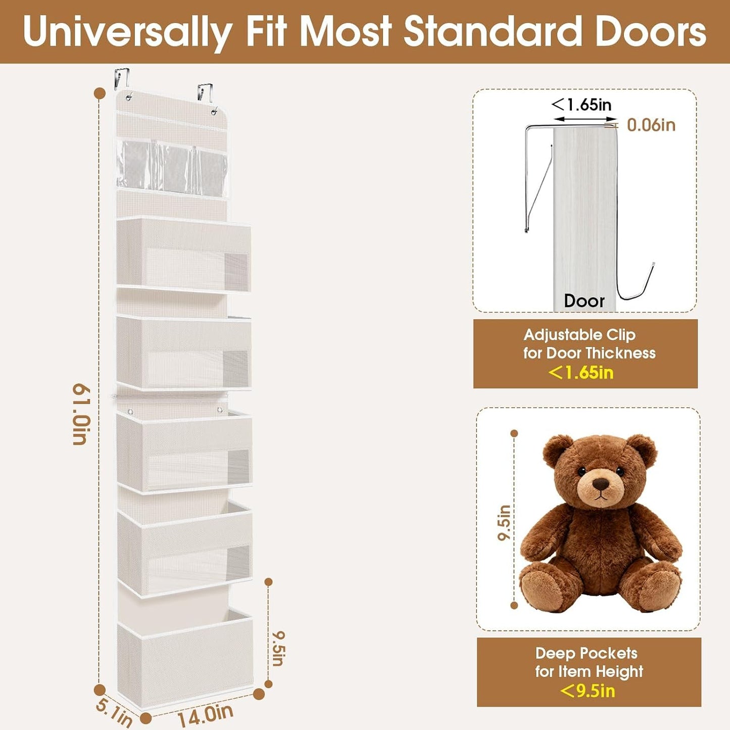 WISELIFE Over The Door Organizer Storage with 4 Large Pockets Door Hanging Organizer with Clear Windows behind The Door Storage for Nursery Bedroom Bathroom Pantry Closet and Baby Essentials Dark Grey
