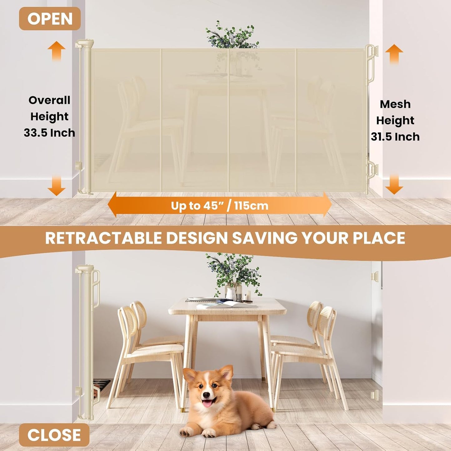 SPACEANY Reinforced Retractable Baby Gate, Mesh Dog Gate, Child Safety Gate for Doorways, Stairs, Hallways, Indoor/Outdoor, Wide Openings -33.5" Tall, Width up to 55" Gray