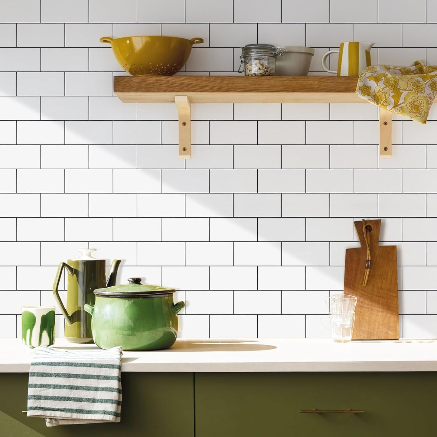 Vamos Tile 100-Piece Glossy Dolomite White Peel and Stick Backsplash Tile,3''x6'' PVC Subway Tile with White Grout, Stick on Backsplash for Kitchen/Bathroom/Fireplace