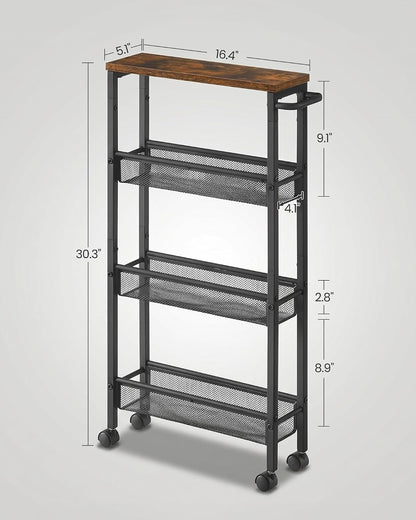 SONGMICS HOME Slim Rolling Cart, 4-Tier Storage Cart with Wheels and Handle, Narrow Utility Cart for Kitchen, Living Room, Brown and Black