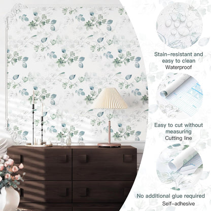 Safiyya Peel and Stick Wallpaper Floral Green and White Leaf Contact Paper for Cabinets 17.3"x 78.7" Self Adhesive Removable Wallpaper for Bathroom Renter Friendly Wall Paper Vinyl Roll
