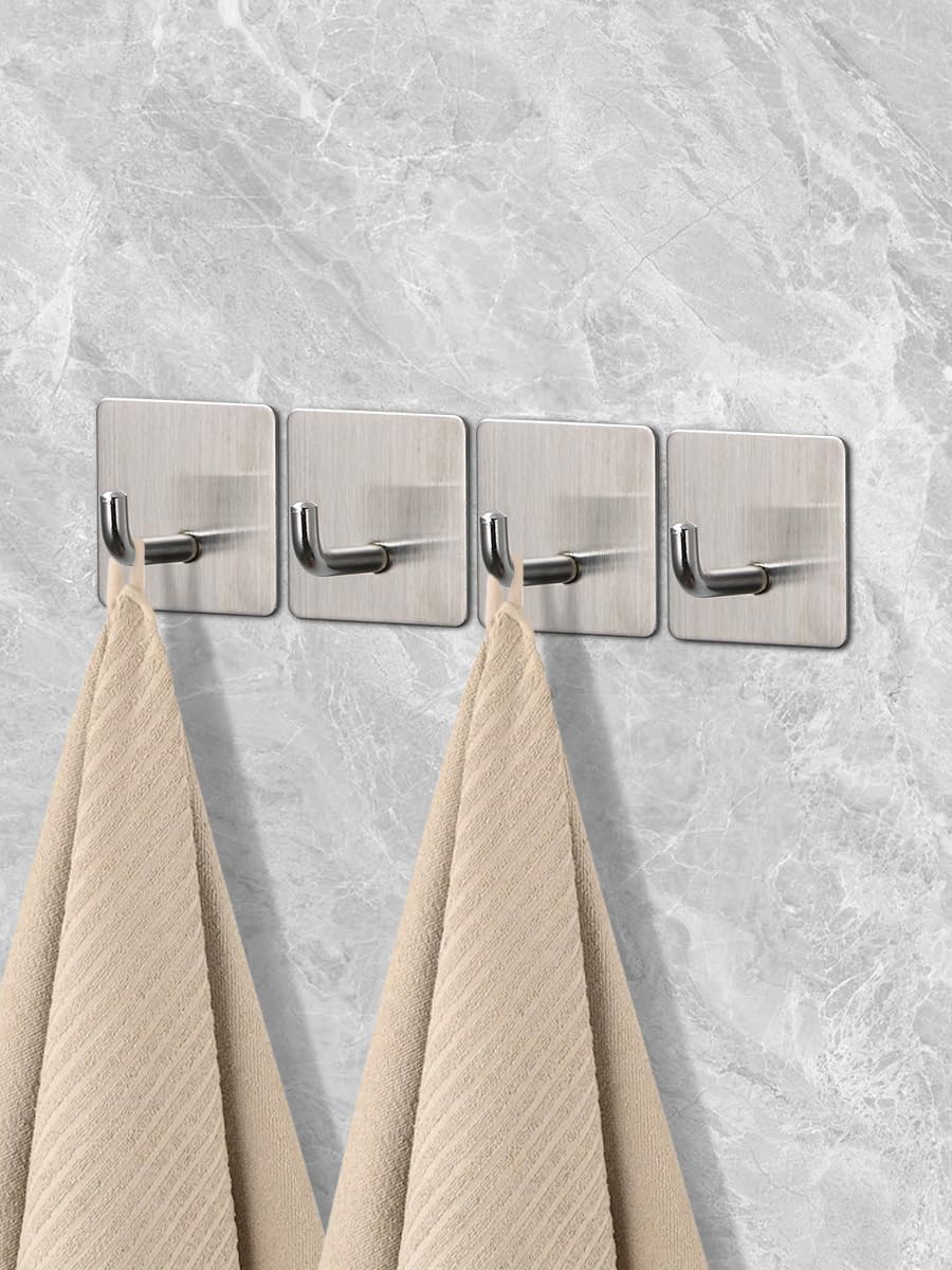 4 Pcs Stainless Steel Adhesive Hooks, Heavy Duty Waterproof in Shower Hook for Hanging Loofah, Towels, Clothes, Robes for Bathroom Removable Adhesive Wall Door Hangers, Black