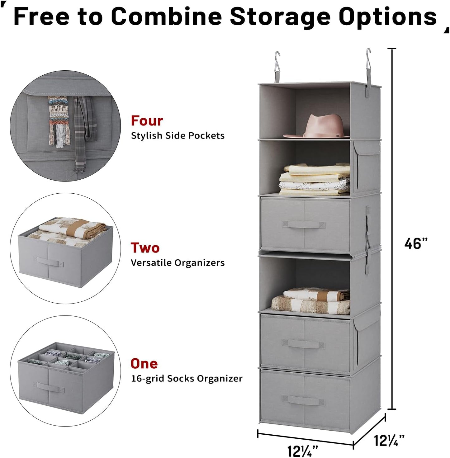 Vailando 6-Shelf Hanging Closet Organizer with 3 Drawers, 2 Separable 3-Shelf Closet Organizers and Storage for Wardrobe Organization, Hanging Dresser for Nursury & Dorm Clothes Organizer