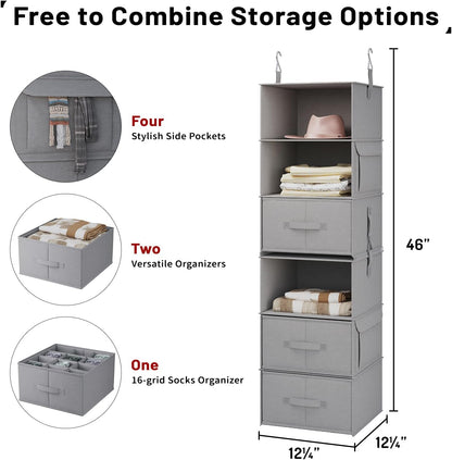 Vailando 6-Shelf Hanging Closet Organizer with 3 Drawers, 2 Separable 3-Shelf Closet Organizers and Storage for Wardrobe Organization, Hanging Dresser for Nursury & Dorm Clothes Organizer
