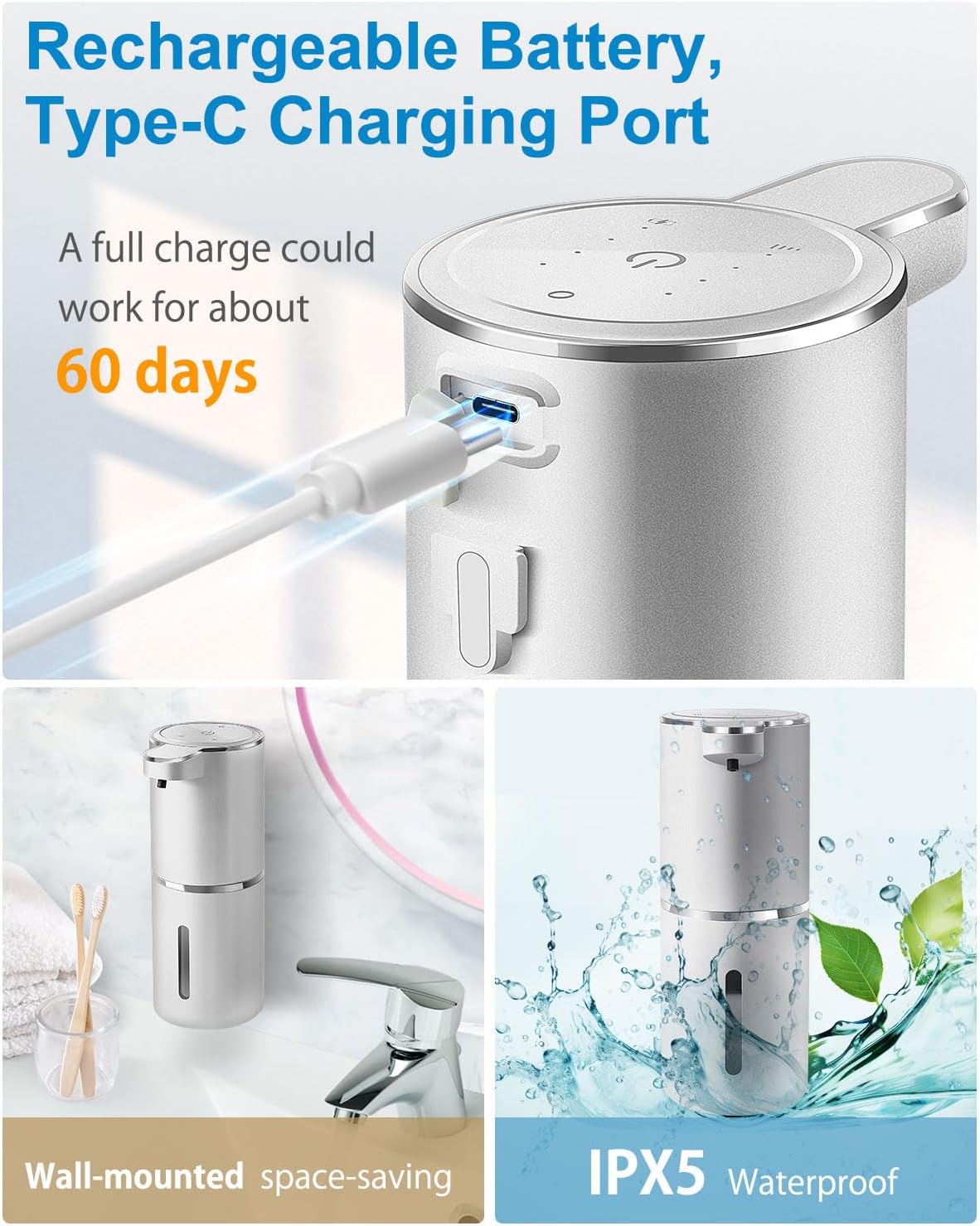 Automatic Foaming Soap Dispenser,4-Level Adjustable Foam, Wall Mount,USB Rechargeable,12.8oz/ 380ml,Touchless Hand & Dish Soap Dispenser for Bathroom, Kitchen,Hotel, Restaurant