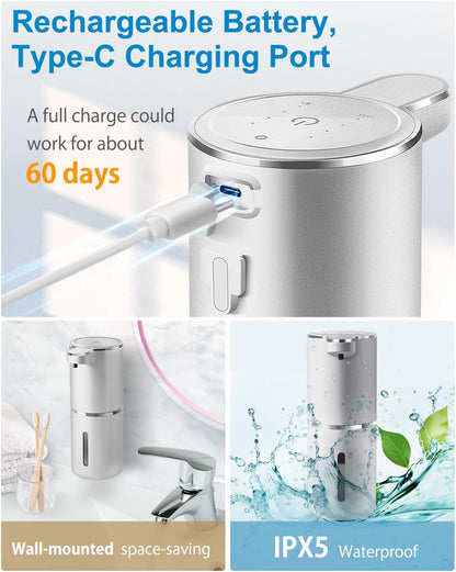 Automatic Foaming Soap Dispenser,4-Level Adjustable Foam, Wall Mount,USB Rechargeable,12.8oz/ 380ml,Touchless Hand & Dish Soap Dispenser for Bathroom, Kitchen,Hotel, Restaurant