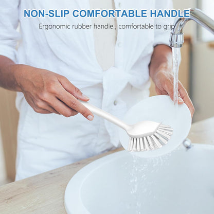 SetSail Dish Brush with Handle, 2 Pack Stiff Bristles Dish Scrubber with Built-in Scraper Dish Scrub Brushes for Cleaning Dishes, Pots and Pans, Kitchen Sink