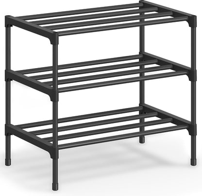 SONGMICS 2-Tier Shoe Rack for Closet, Compact Metal Shoe Organizer Shelf for Entryway, Bedroom, Small Spaces, Stackable, 11.8 x 24.5 x 12.2 Inches, Black ULSA122BH01