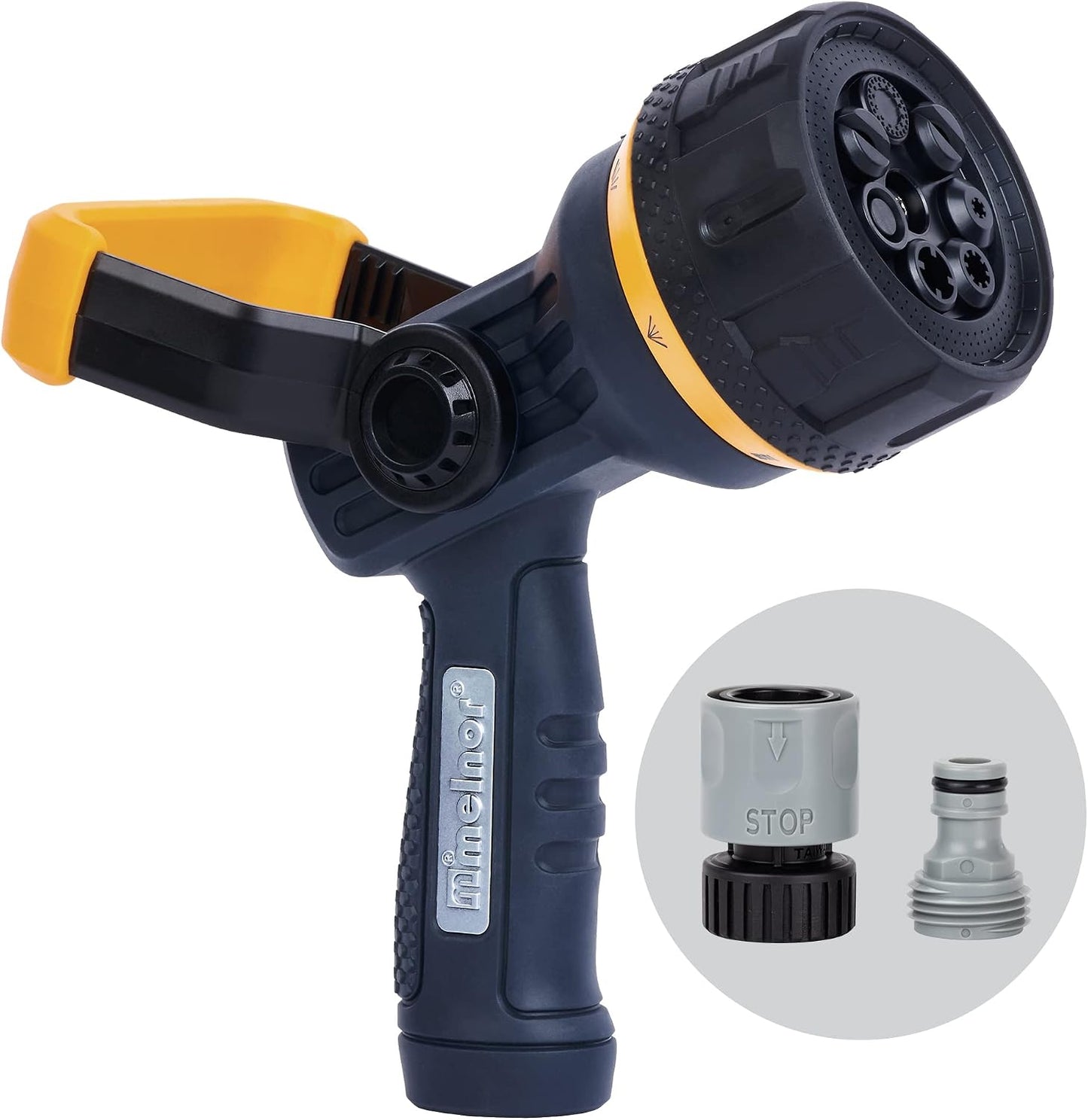 Melnor 65020-AMZ Metal Multi-Pattern Hose Nozzle with Rear Trigger Grip, 7 Spray Patterns, Heavy-Duty Metal Construction, Quick Connect Adapter, Black, Orange