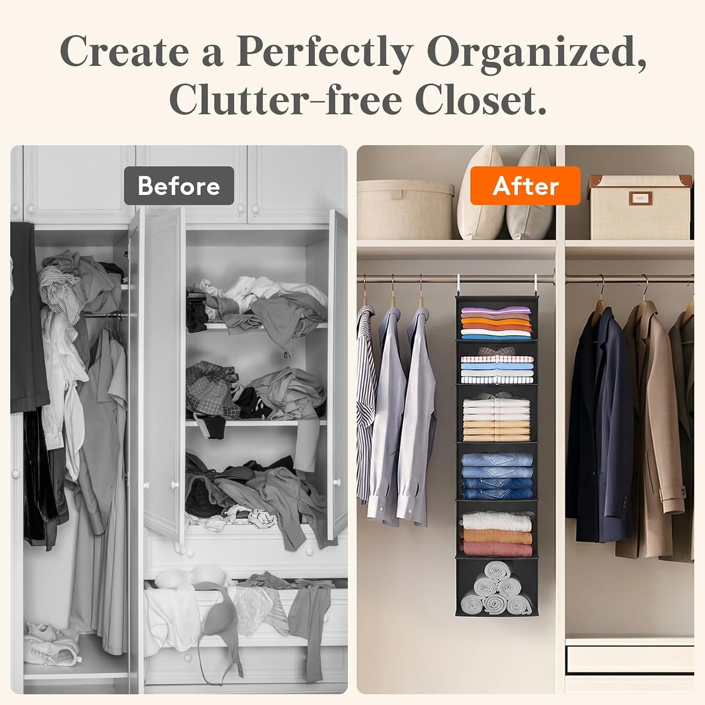Lifewit 5 Tier Hanging Closet Organizer and Storage for Shelves, Foldable Clothes Shelf with 2 Sturdy Hooks, Sweater/Coat/Shoes Clothing Organization for Wardrobe, Dorm, Bedroom, Gray