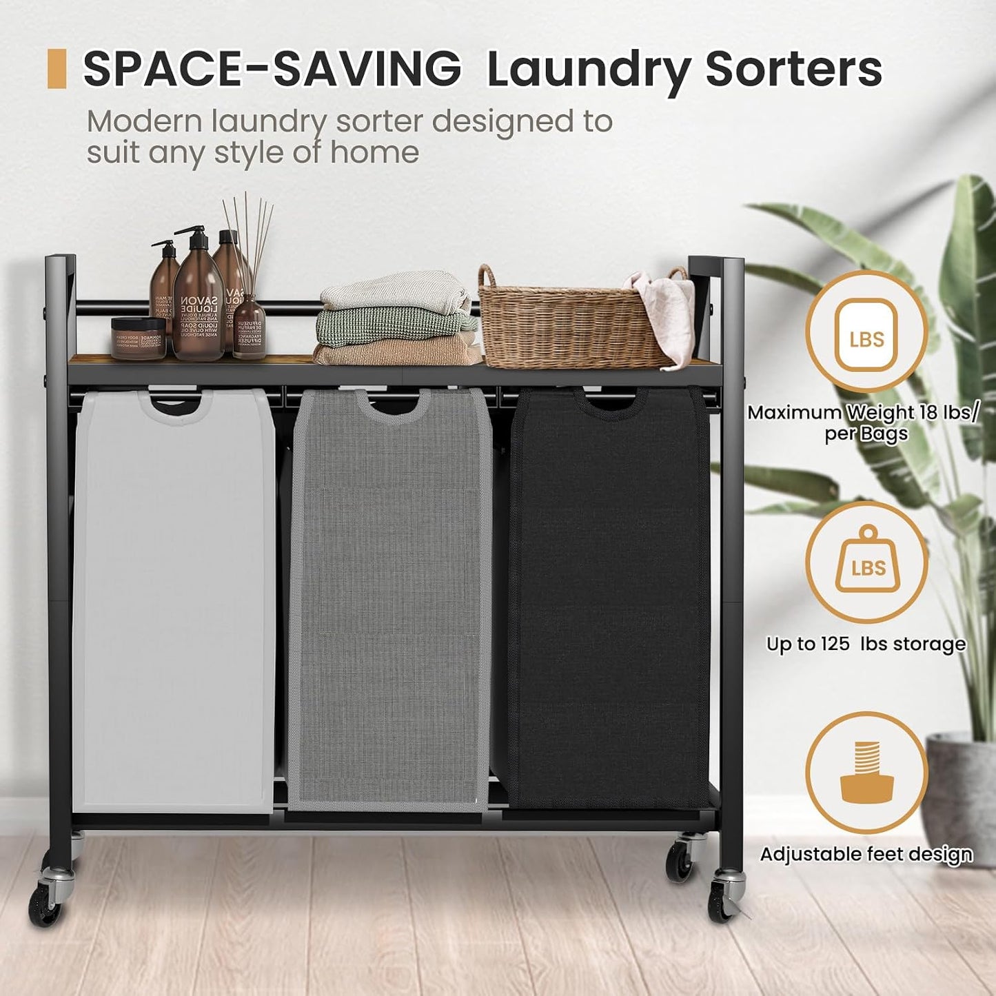 SwaaVee Laundry Sorter, Laundry Hamper 3 Section, 3×11.4Gal, Metal Frame Rolling Laundry Basket with Wooden Top Shelf, Pull out and Removable Laundry Bags, 3 Bags-Gray