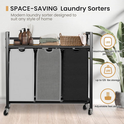 SwaaVee Laundry Sorter, Laundry Hamper 3 Section, 3×11.4Gal, Metal Frame Rolling Laundry Basket with Wooden Top Shelf, Pull out and Removable Laundry Bags, 3 Bags-Gray