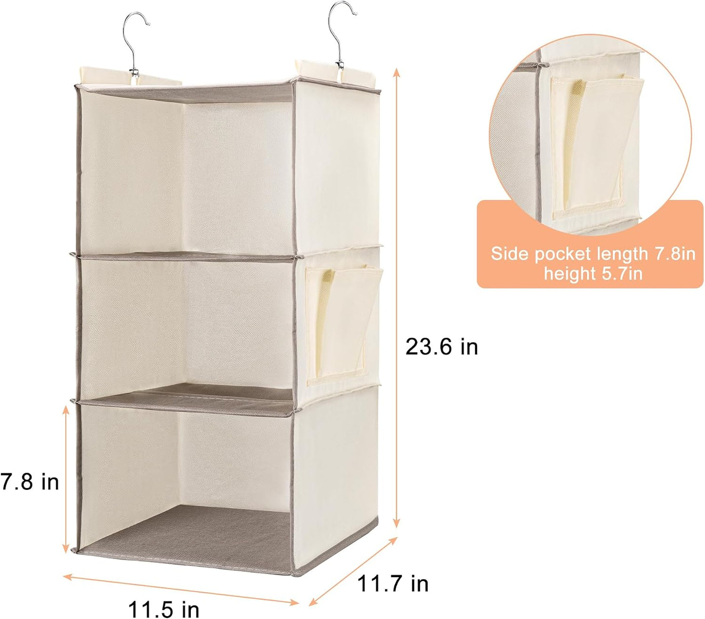 BOOMIBOO Hanging Closet Organizer and Shelves, 4 Shelves with 1 Side Pockets, Foldable, Grey Fabric, Modern Style, for Bedroom and Dorm Room (Grey)