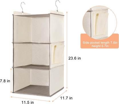 BOOMIBOO Hanging Closet Organizer and Shelves, 4 Shelves with 1 Side Pockets, Foldable, Grey Fabric, Modern Style, for Bedroom and Dorm Room (Grey)