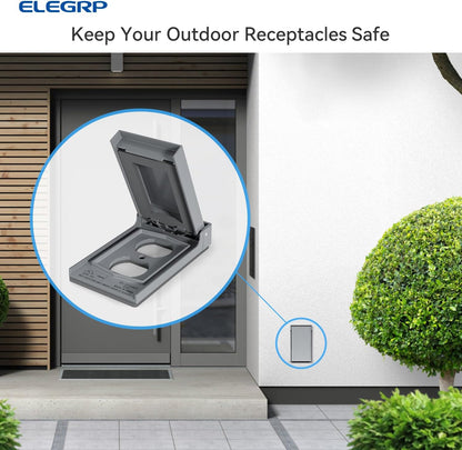 ELEGRP Horizontal Outdoor Cover for Duplex Receptacles, 2-Hole Weatherproof Wall Plate, Outdoor Electrical Outlet Cover, Standard Size 1-Gang 4.55” x 3.02”, Thermoplastic, 1 Pack, Grey