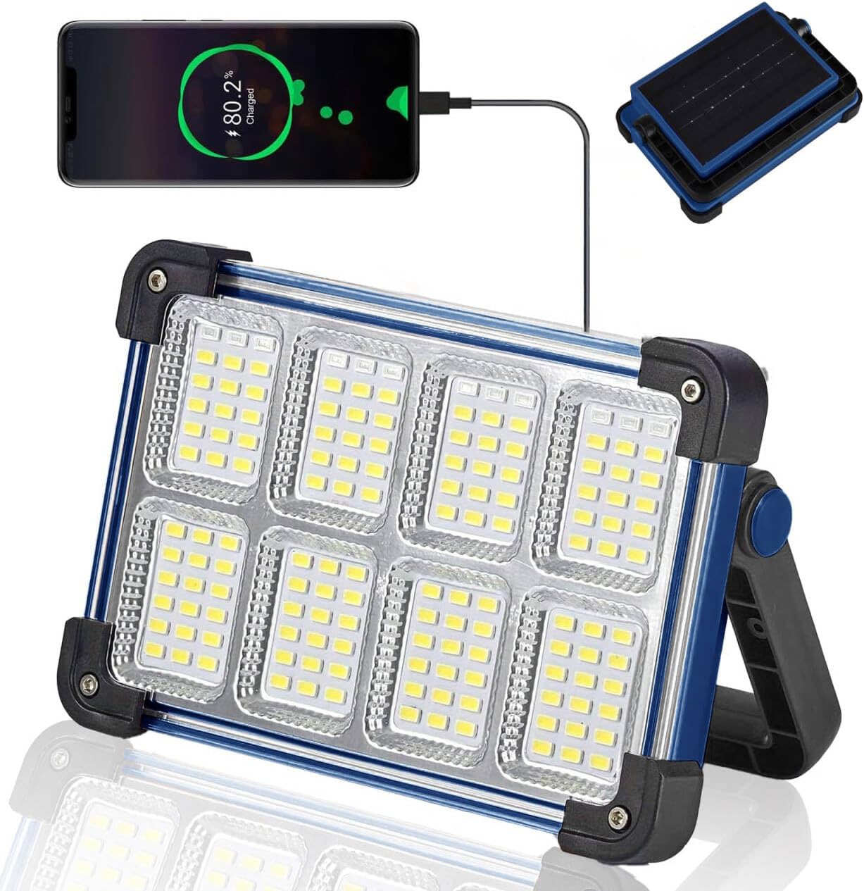 120W Solar Rechargeable Work Light, 144 LED 10000LM Portable Flood Light with Stand, IP66 Waterproof 4 Modes LED Job Site Lighting Flashlights for Mechanic Camping Fishing Car Repair