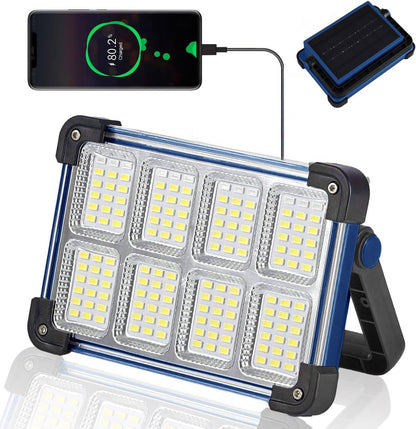 120W Solar Rechargeable Work Light, 144 LED 10000LM Portable Flood Light with Stand, IP66 Waterproof 4 Modes LED Job Site Lighting Flashlights for Mechanic Camping Fishing Car Repair